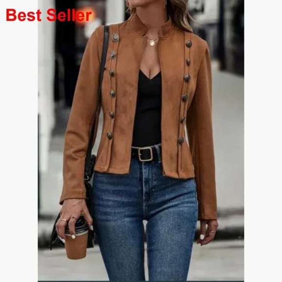 Faux Suede Leather Jacket Long Sleeve Blazer Cropped Slim Waist - Picture 3 of 5